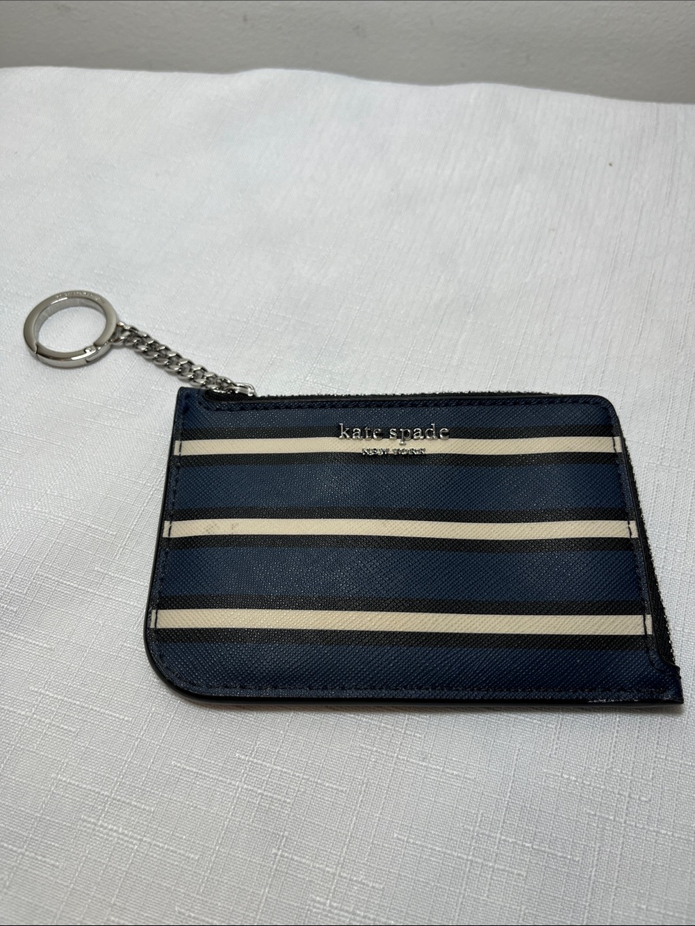 KATE SPADE Navy and Cream Striped Card Key Holder with Chain Ring